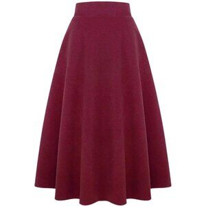 Womens Long Pure Wine Elastic Waist A-Line Pleated Tartan Long Plaid Wool Skirts